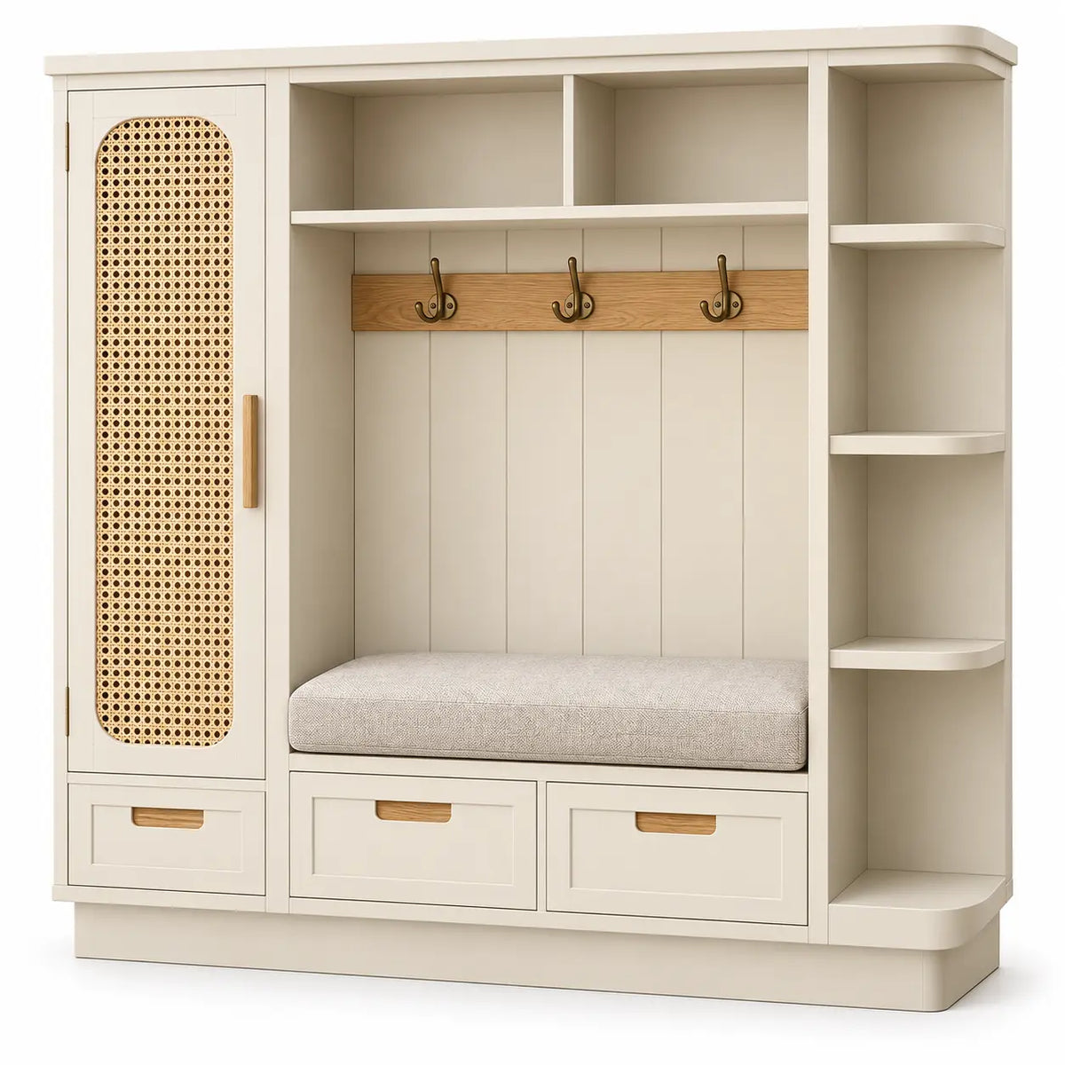 Mueble de recibidor con detalles de entramado y estantes, blanco
