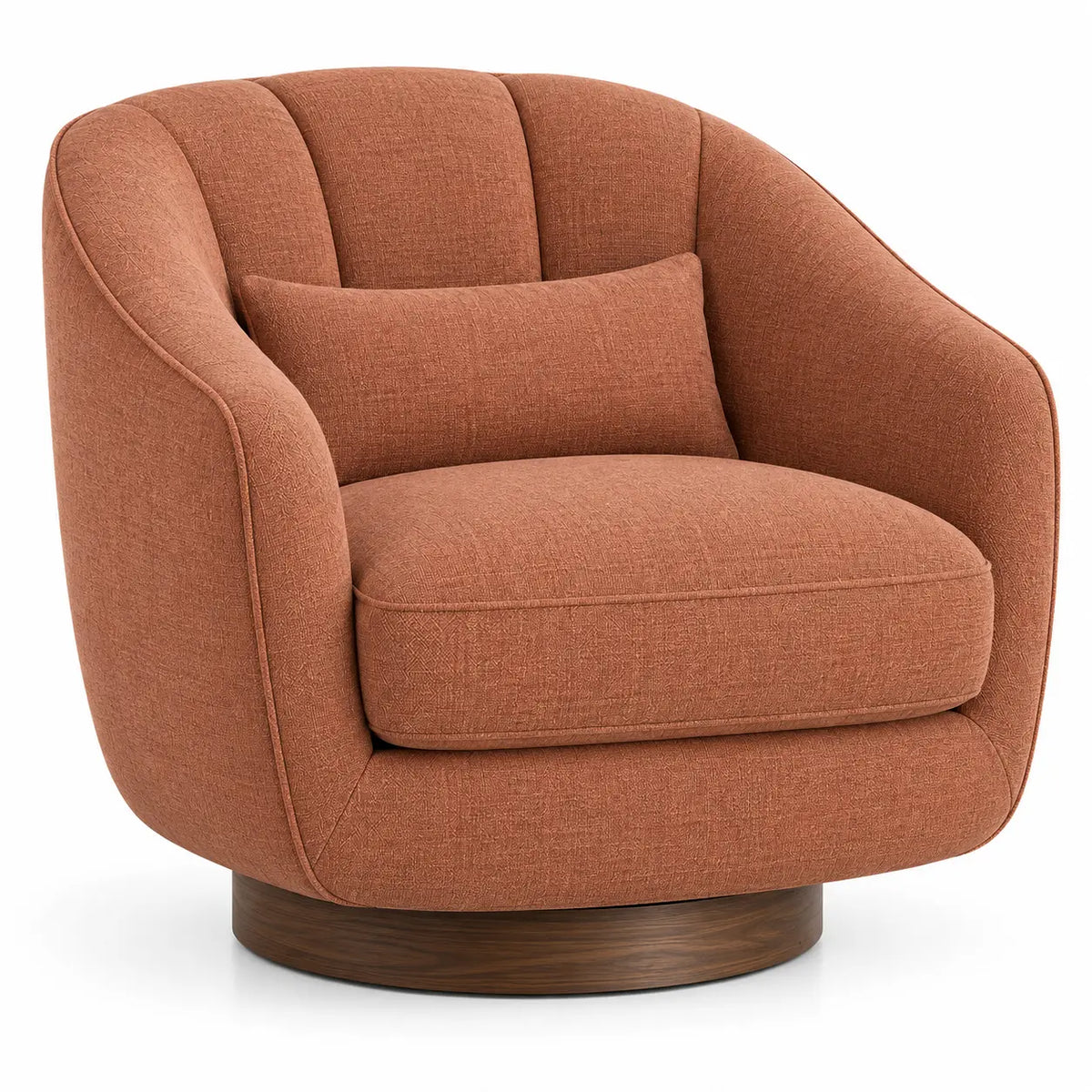 Sillón tapizado de líneas curvas con acolchado acanalado, terracota y marrón