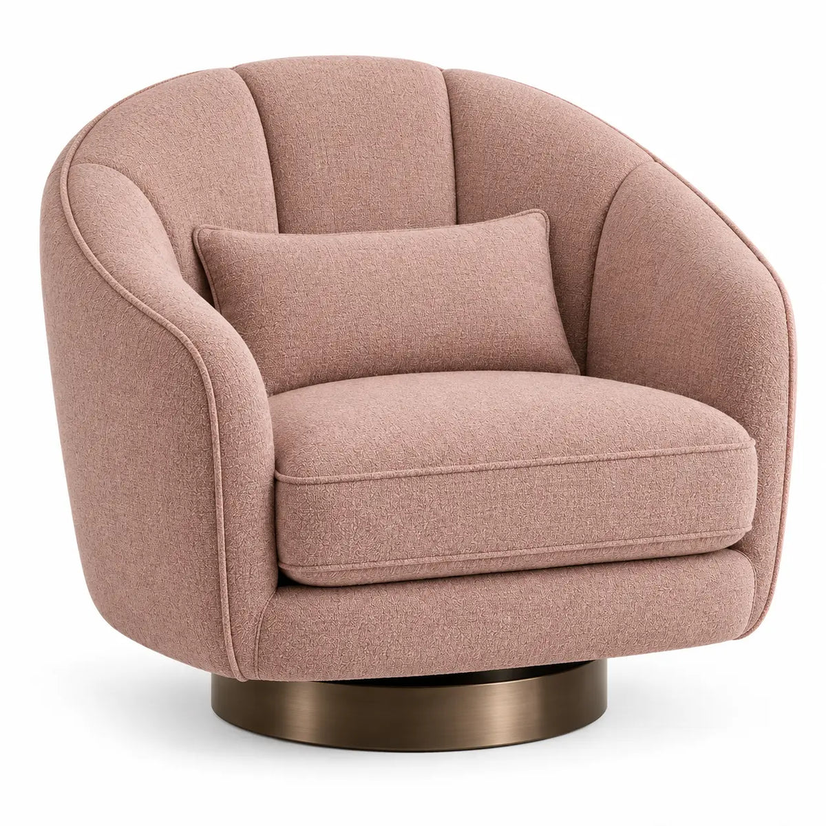 Sillón tapizado de líneas curvas con acolchado acanalado, rosa y dorado