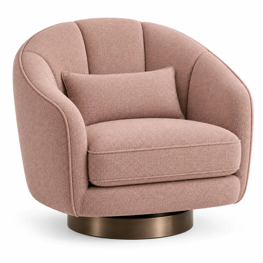 Sillón tapizado de líneas curvas con acolchado acanalado, rosa y dorado