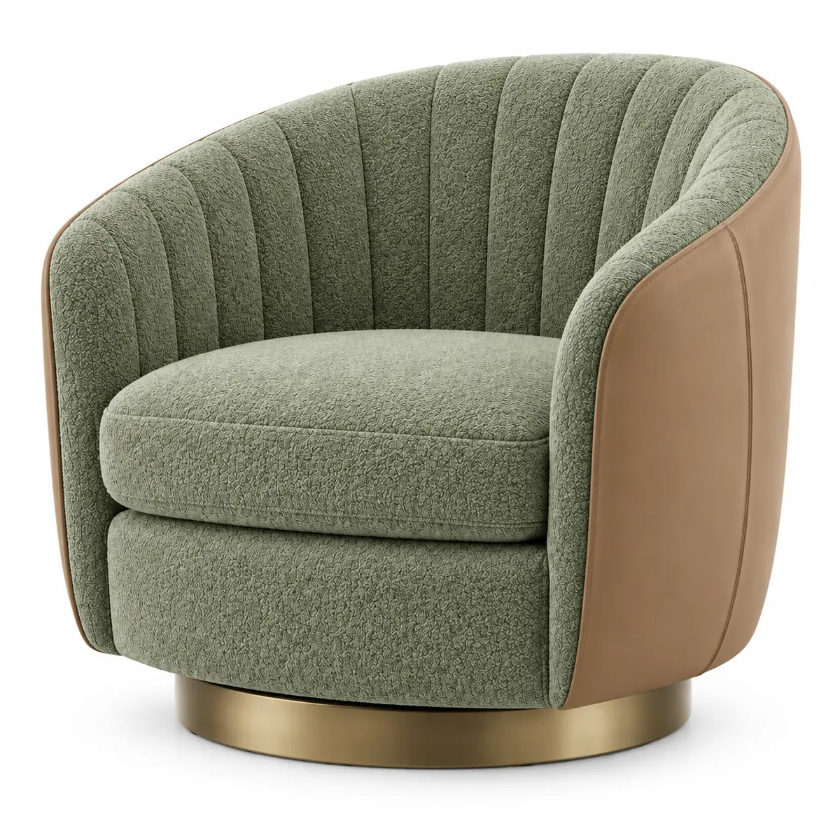 Sillón tapizado de líneas curvas con acolchado acanalado, verde, marrón y dorado