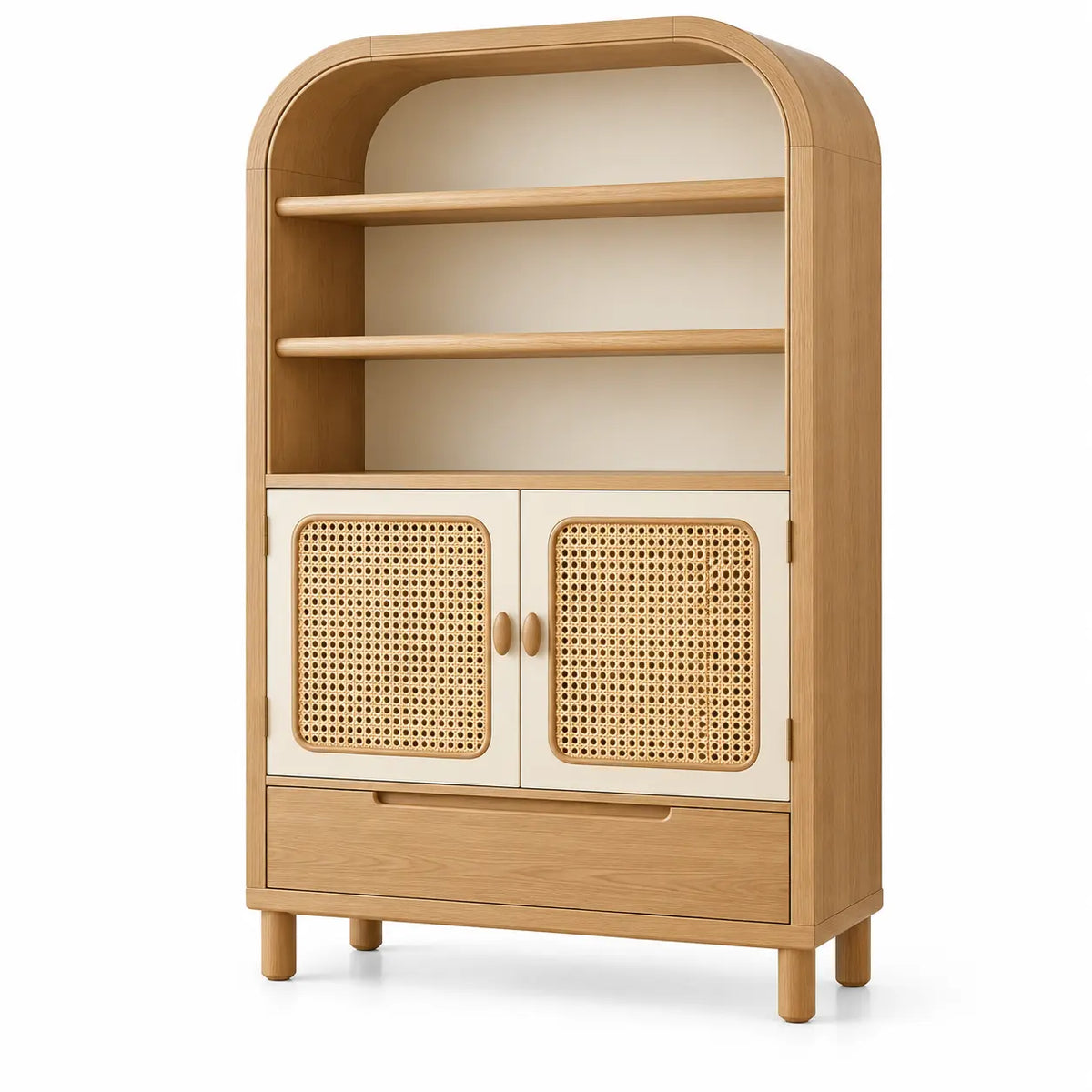 Estantería con almacenamiento con formas arqueadas y detalles de entramado, blanco y marrón