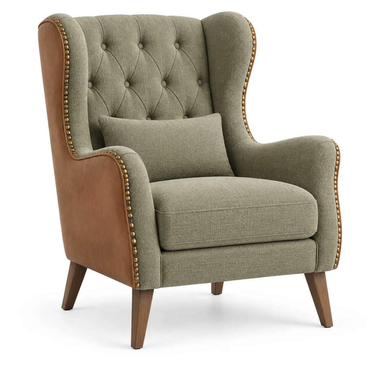 Sillón tapizado con botones decorativos y respaldo alto, verde y marrón