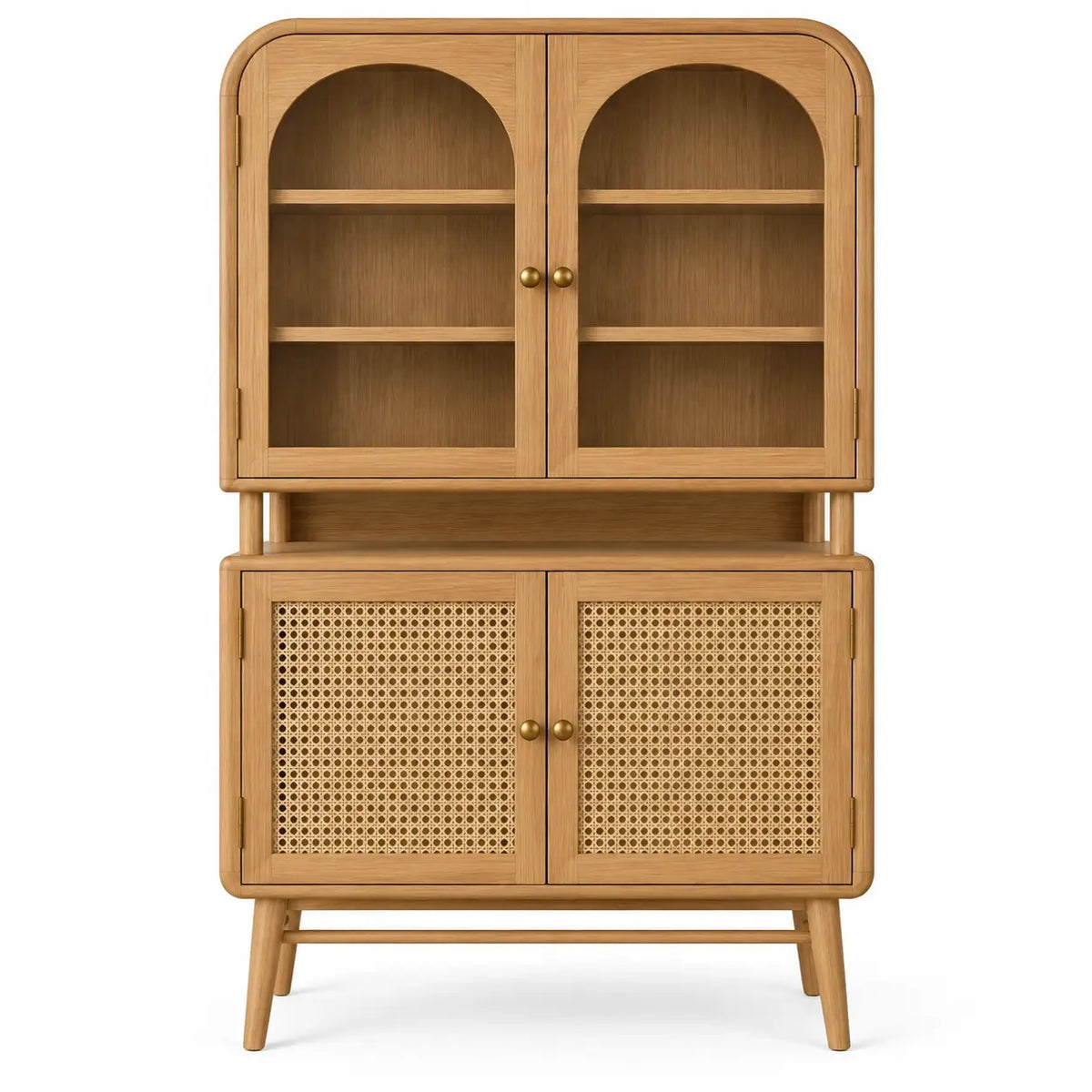 Vitrina de almacenamiento con formas arqueadas y detalles de entramado, marrón